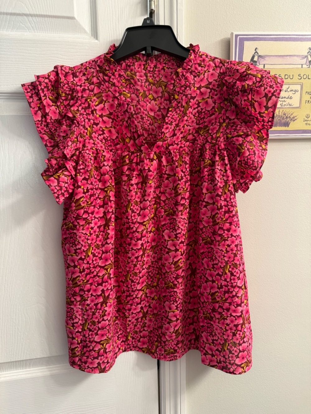 Women's Pink Floral Ruffle Sleeve Blouse